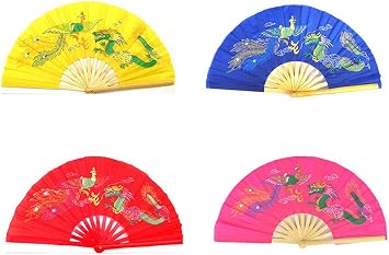 4pcs Colors Dragon Phoenix Pattern Kung Fu Martial Tai Chi Bamboo Fan Yellow Pink Blue Red