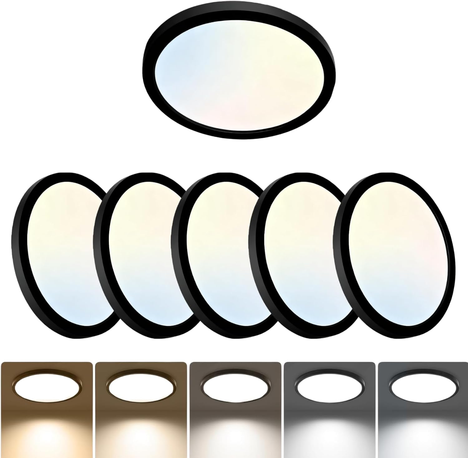 6 Pack 12 Inch LED Flush Mount Ceiling Light Fixtures, 24W 2640LM & 5 CCT Selectable (2700K-6500K), Non Dimmable, Super Slim Modern LED Lights for Bedroom Kitchen Hallway Apartment,Black