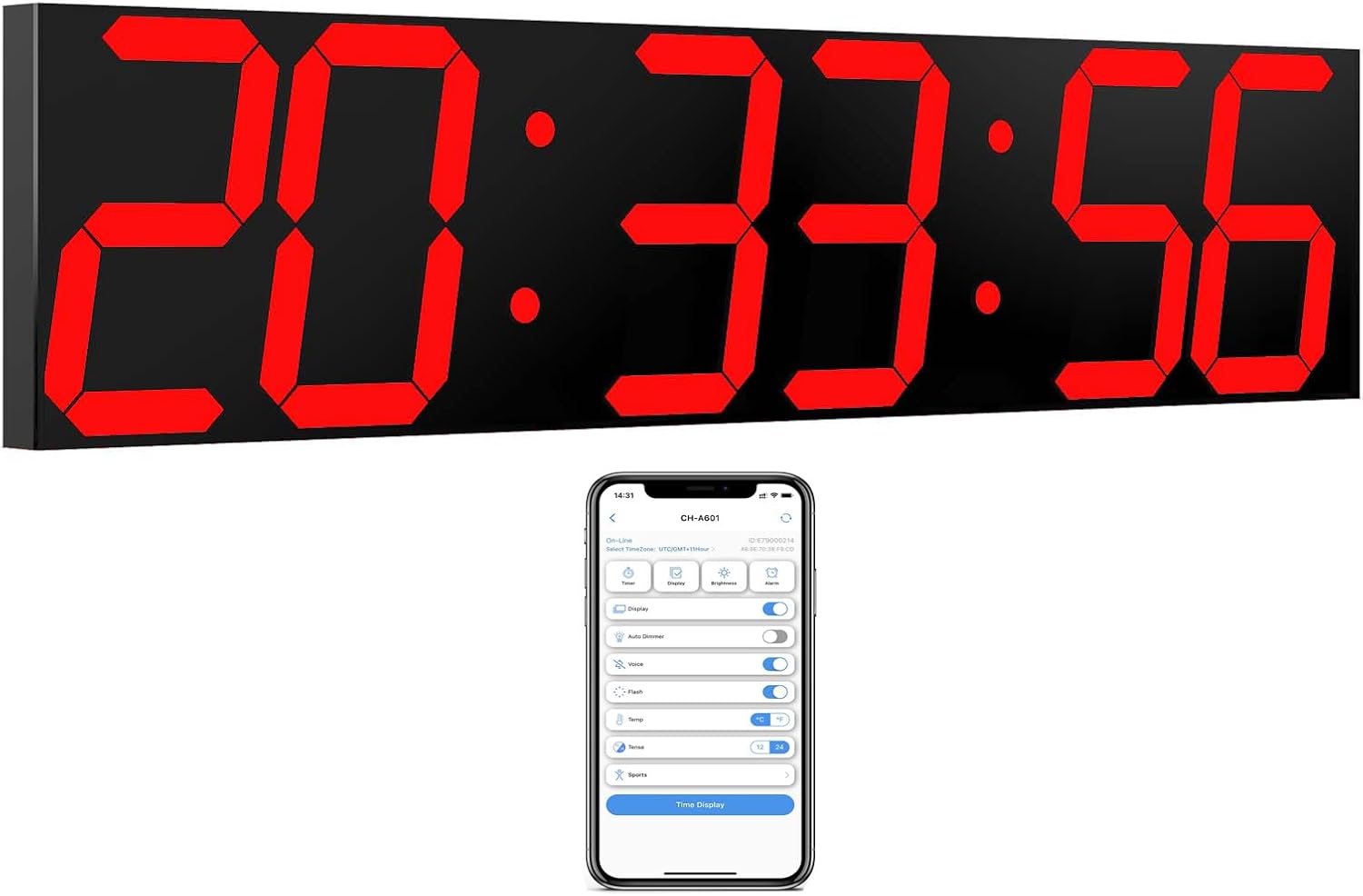 CHKOSDA 27-Inch Large Digital Wall Clock with accompanying smartphone app interface