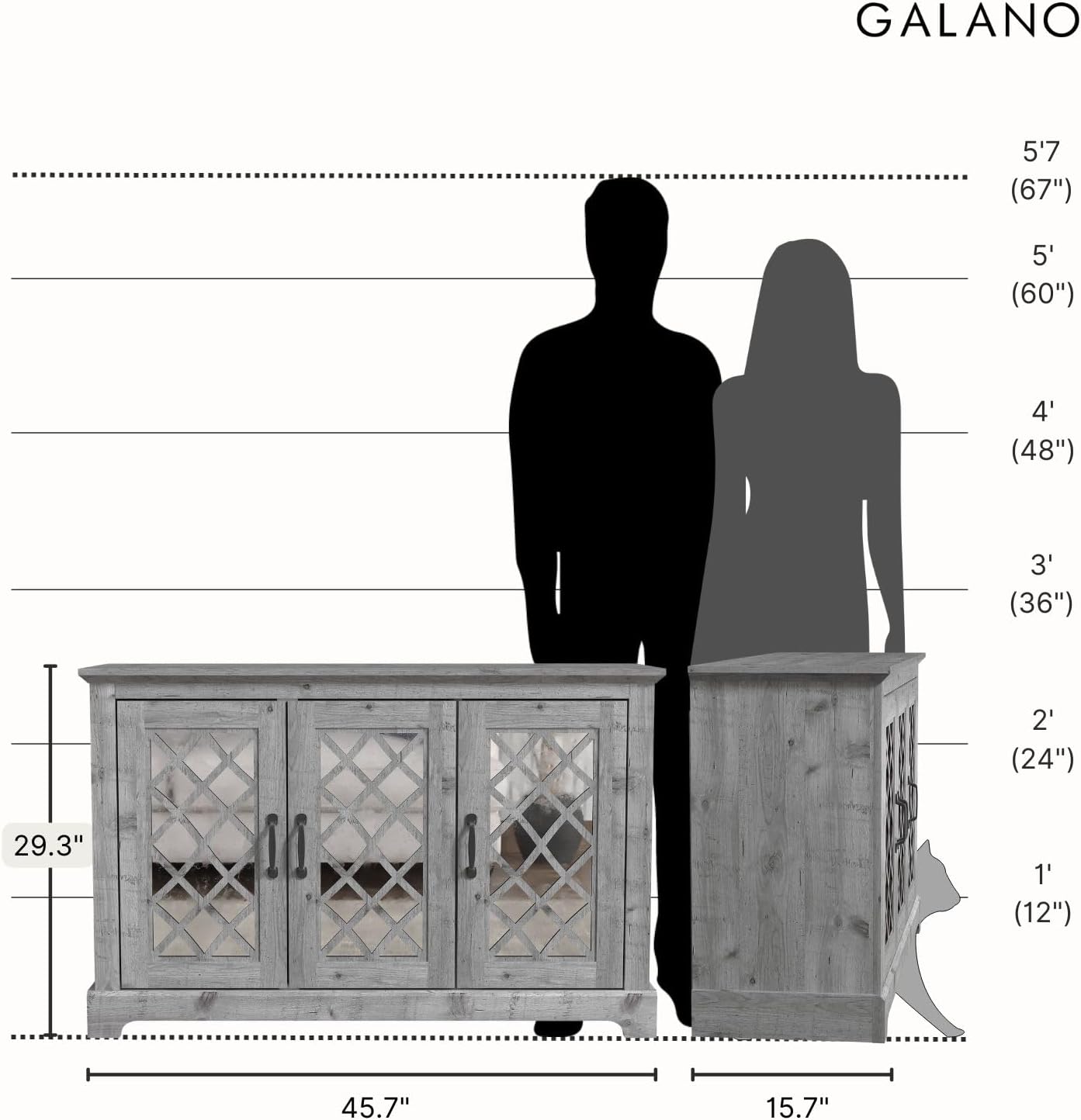 Detailed dimensions of the Galano Millicent 3-Door Sideboard Buffet Cabinet