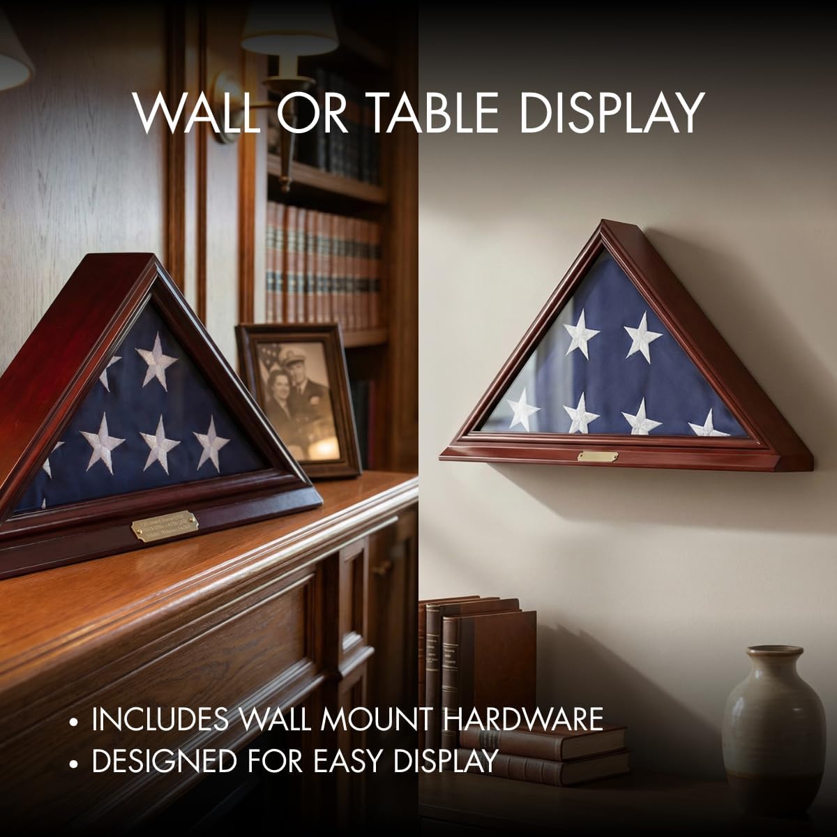 Custom Personalized Solid Wood Triangle Glass Front Flag Display case