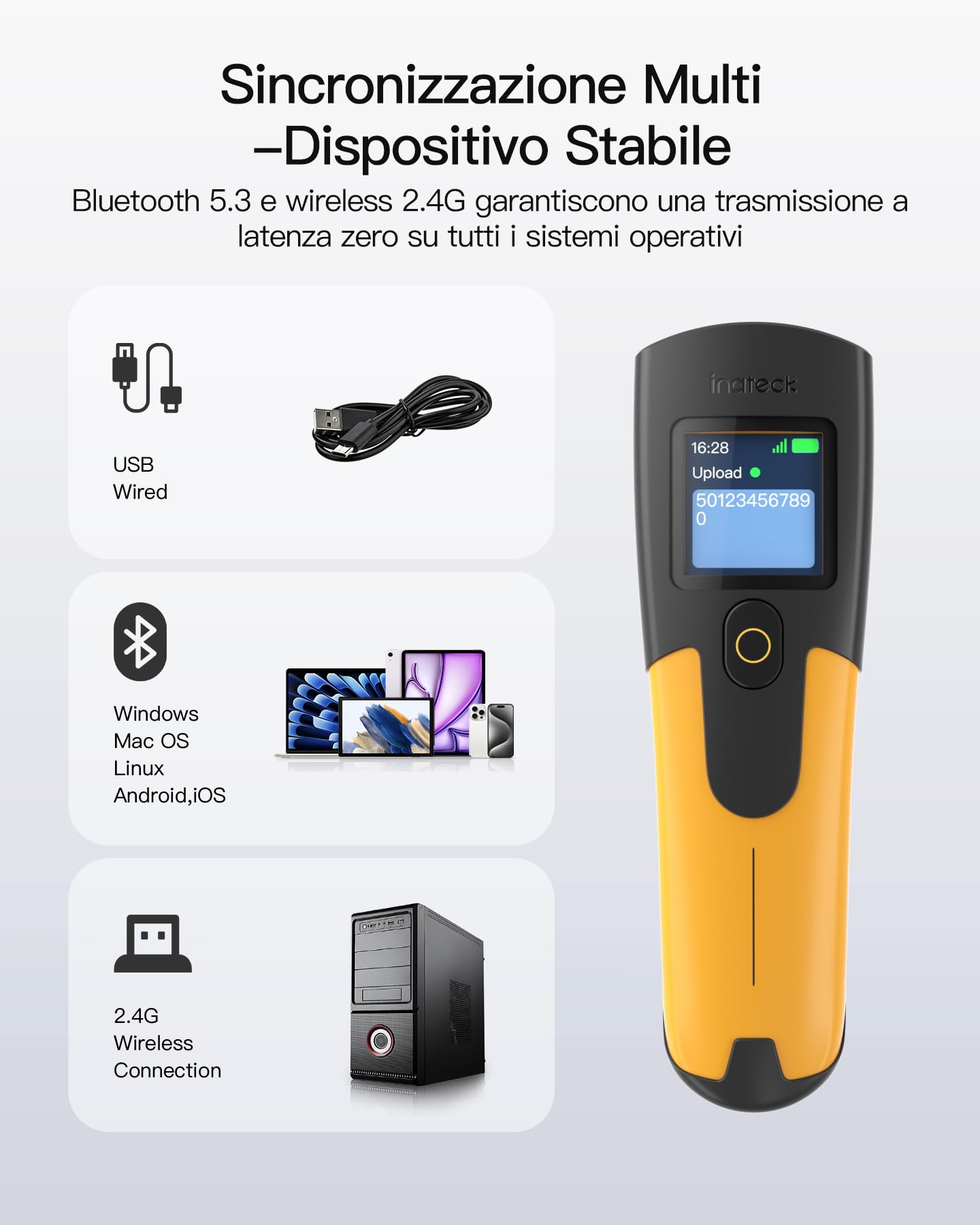 Inateck Scanner di codici a barre senza fili 1D 2D, QR Code Scanner Piccola tasca per inventario, Bluetooth 3 in 1 e cavo USB & 2.4G Wireless, 2600mAh per PC Tablet Android iOS POS, con APP e SDK | 3 in 1 Bluetooth & Cavo USB & 2.4G Wireless 2600mAh per P