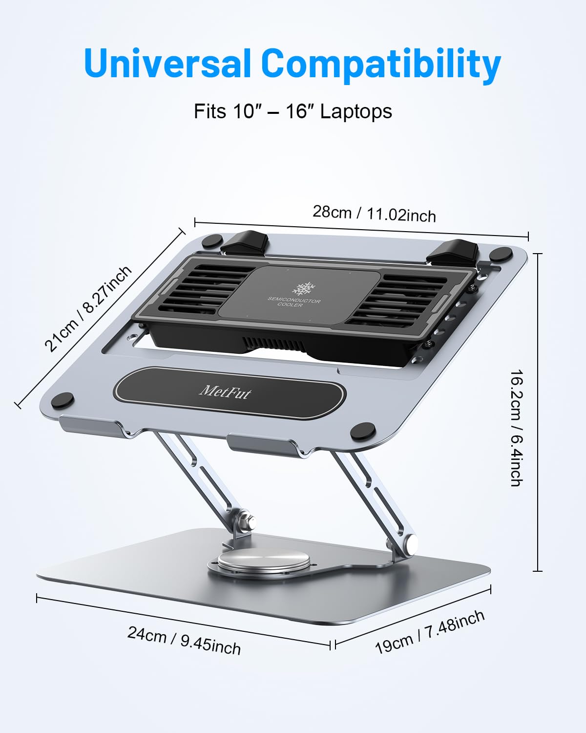 METFUT Soporte de refrigeración para portátil con Enfriador termoeléctrico Desmontable, Altura y ángulo Ajustables, Base de rotación de 360 Grados, Marco de Acero al Carbono, Ultra silencioso y súper