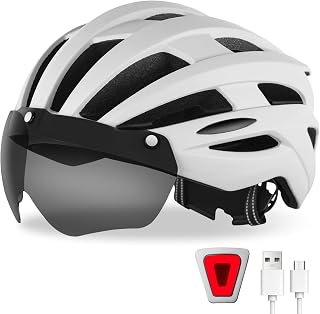Fahrradhelm mit LED Licht und Viser Stadthelm mit Magnetischem Brille Unisex-Größenverstellbarer Helm Mountainbike Helm Ultraleichter Radhelm Cityhelm mit Aufladung Rücklicht 58-61CM