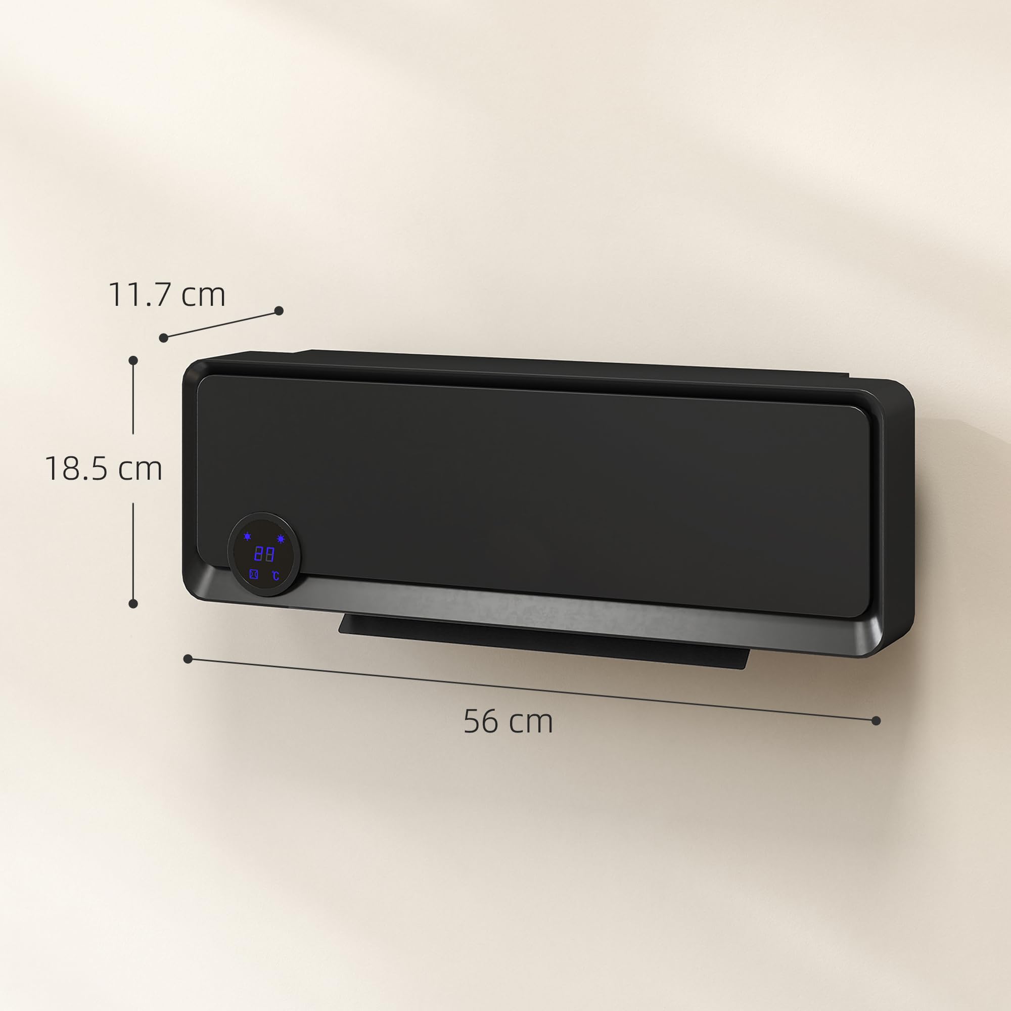 HOMCOM Stufa Elettrica da Parete PTC 56x18.5x11.7 cm Nero | Basso Consumo, 3 Modalità, Timer 12h, Oscillazione 30°, Termosifone Elettrico in PP e PA, con Telecomando