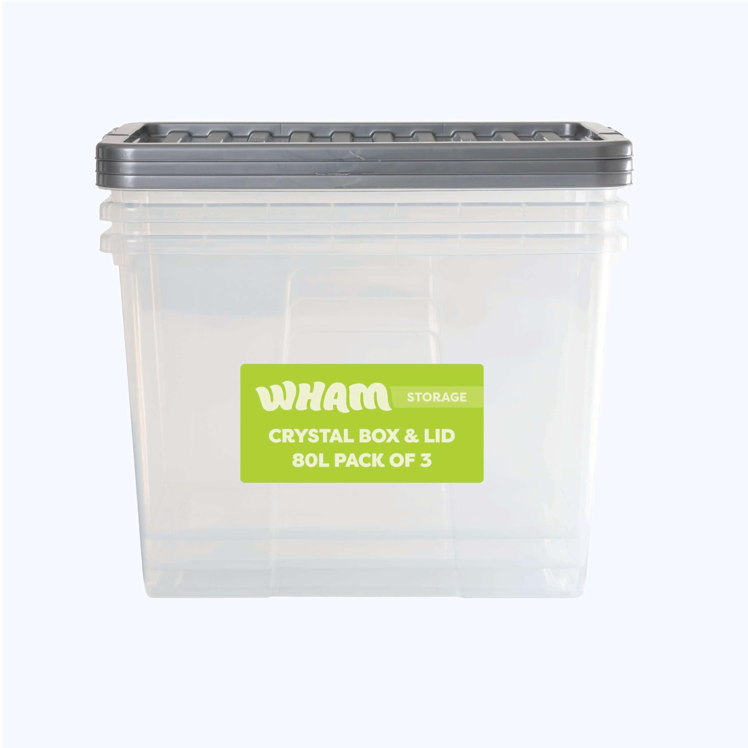Wham Crystal 80L Stackable Plastic Storage Clear Boxes with Stronger Colour Lids | Ideal for Home, Office, Toys & More | Large Boxes (Pack 3, Silver Lid)