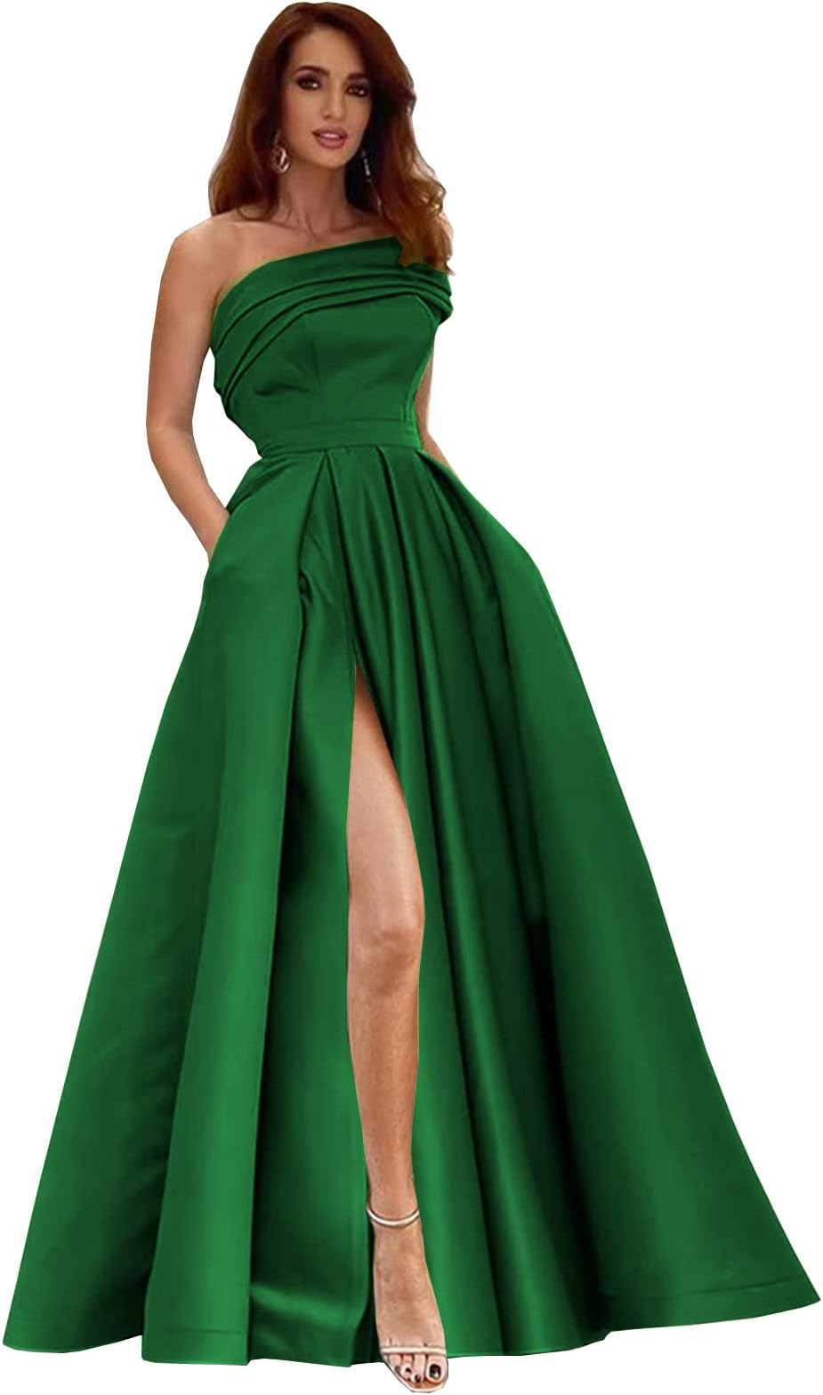 SukleetWomen's One Shoulder Prom Dresses Long Satin Side Slit Formal Evening Gowns with Pockets