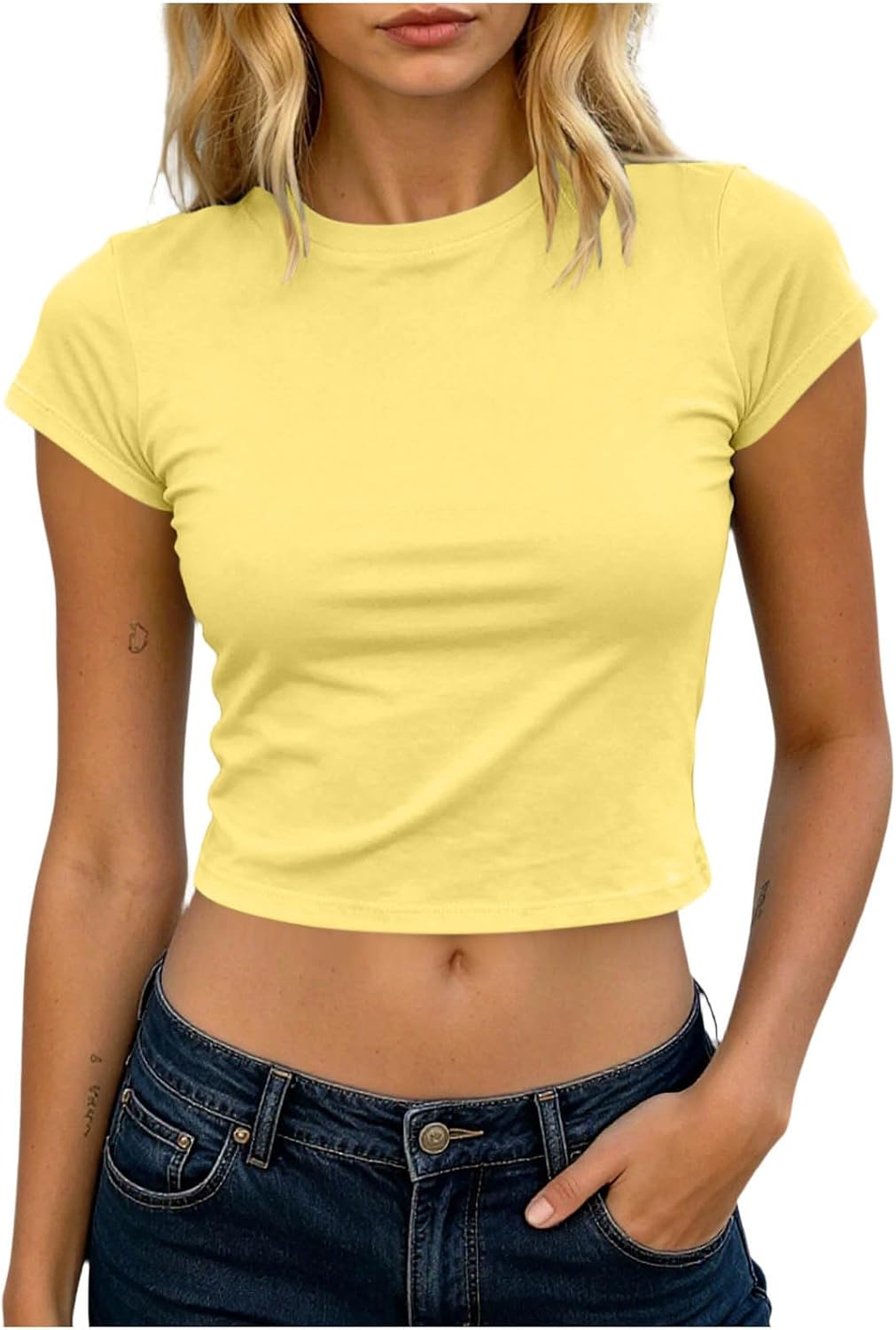 Women's Short Sleeve Crop Tops Soft Stretchy Basic Tees Slim Fit Crewneck Casual Summer Blouse Solid Color T-Shirts