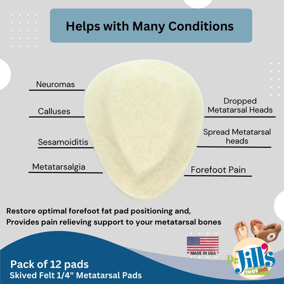Dr. Jill's Foot Pads, YJ10-2045, Metatarsal Pad Skived 1/4" Felt (12 Pack) Ball of Foot Pad