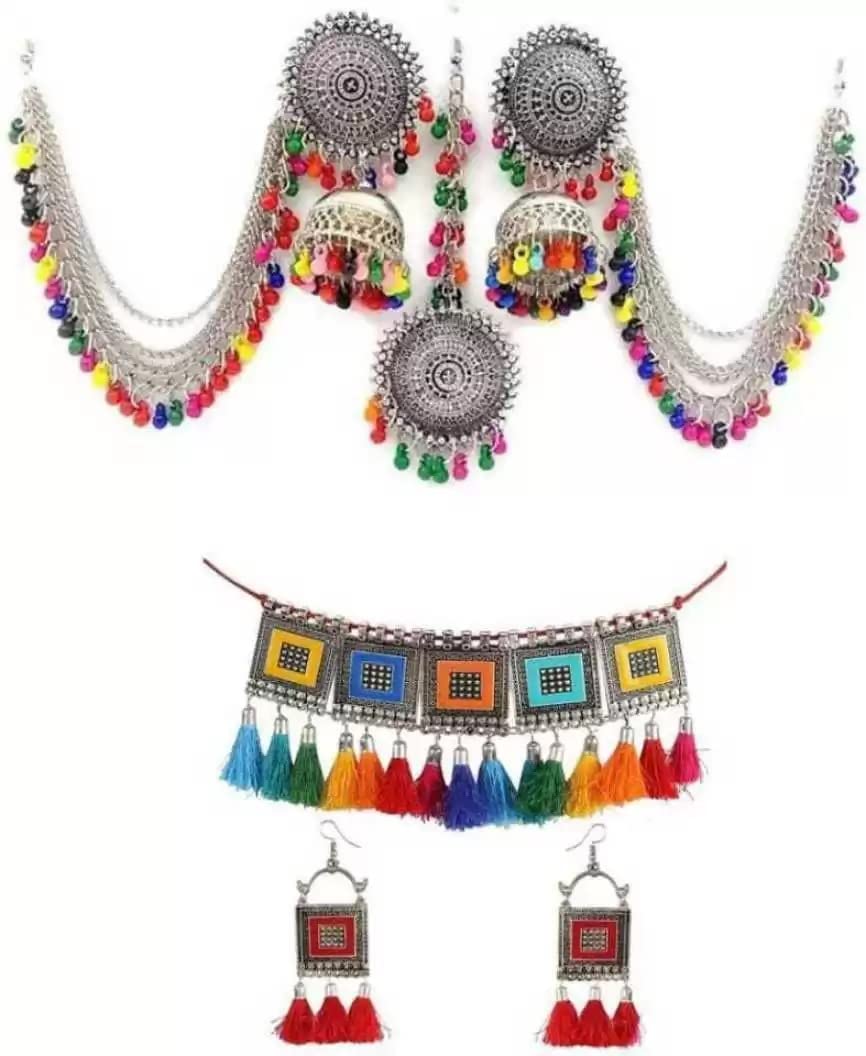 JMBW Internationa Jewellery Afghani Style Choker Necklace earring set with Mang tika long chain earring support & earring Combo pack for women & girls, multicolor (B09Y66Q4QD) Amazon Price History, Amazon Price Tracker