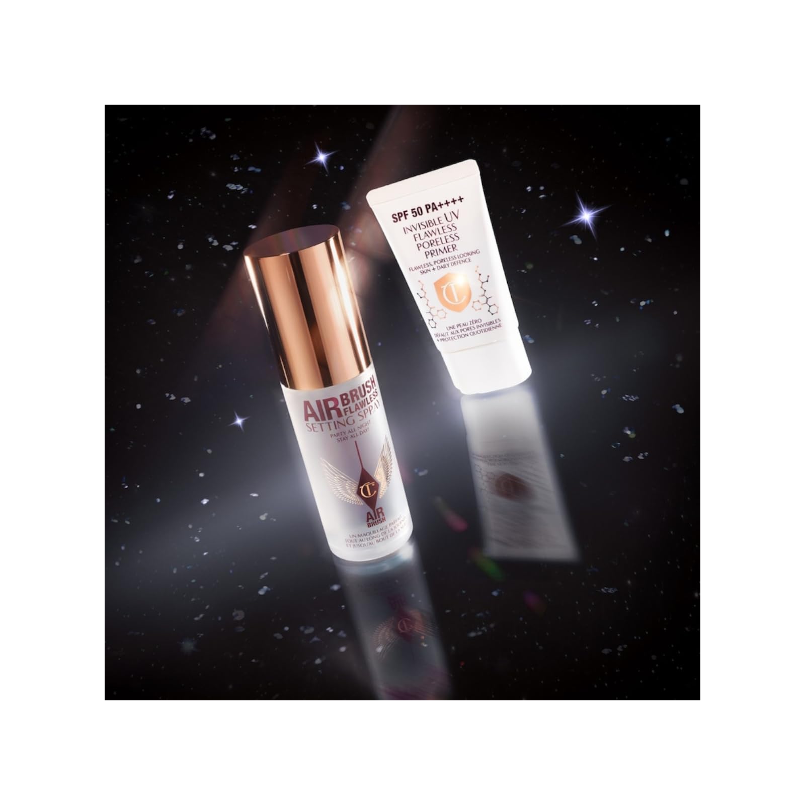 Charlotte Tilbury Airbrush Protect Prime Set, UV Primer SPF 50 PA++++ und Setting Spray Mini, Porenverfeinernde Technologie, Matt-Finish, Rosegold und Weiß, 30ml + 34ml