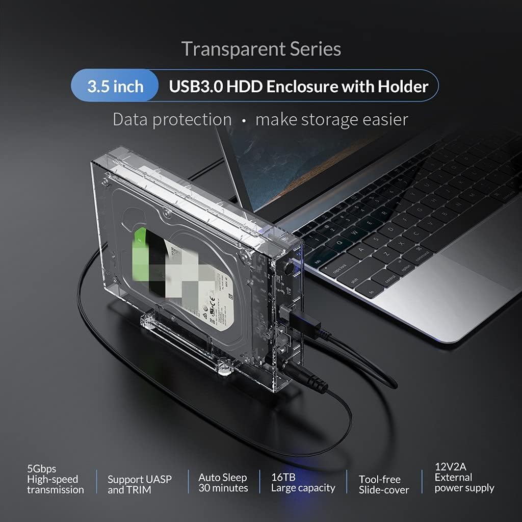 Transparent 3.5‘’ HDD Enclosure for 2.5/3.5'' SSD HDD Box Hard Disk Case SATA to USB3.0 HDD Docking Station Support 16TB