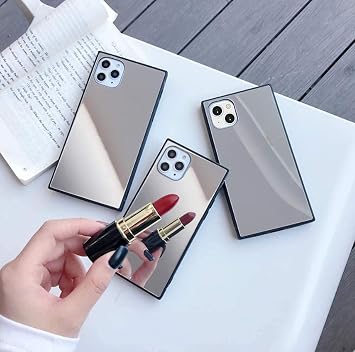 Compatible with iPhone 14 Pro Max Rectangle Mirror Case for Women Girls Makeup Glass Mirror Back Design Silicone Bumper TPU Protective Cover Phone Case