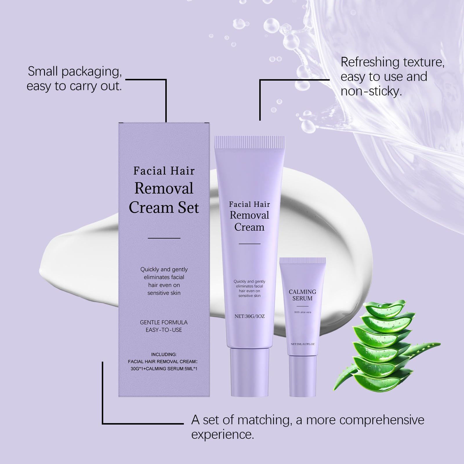Krem do usuwania owłosienia twarzy, zestaw 40 ml + 5 ml kojące serum, delikatna formuła do skóry wrażliwej, szybkie i bezbolesne usuwanie włosów do górnych warg, brody, baków, wszystkich rodzajów