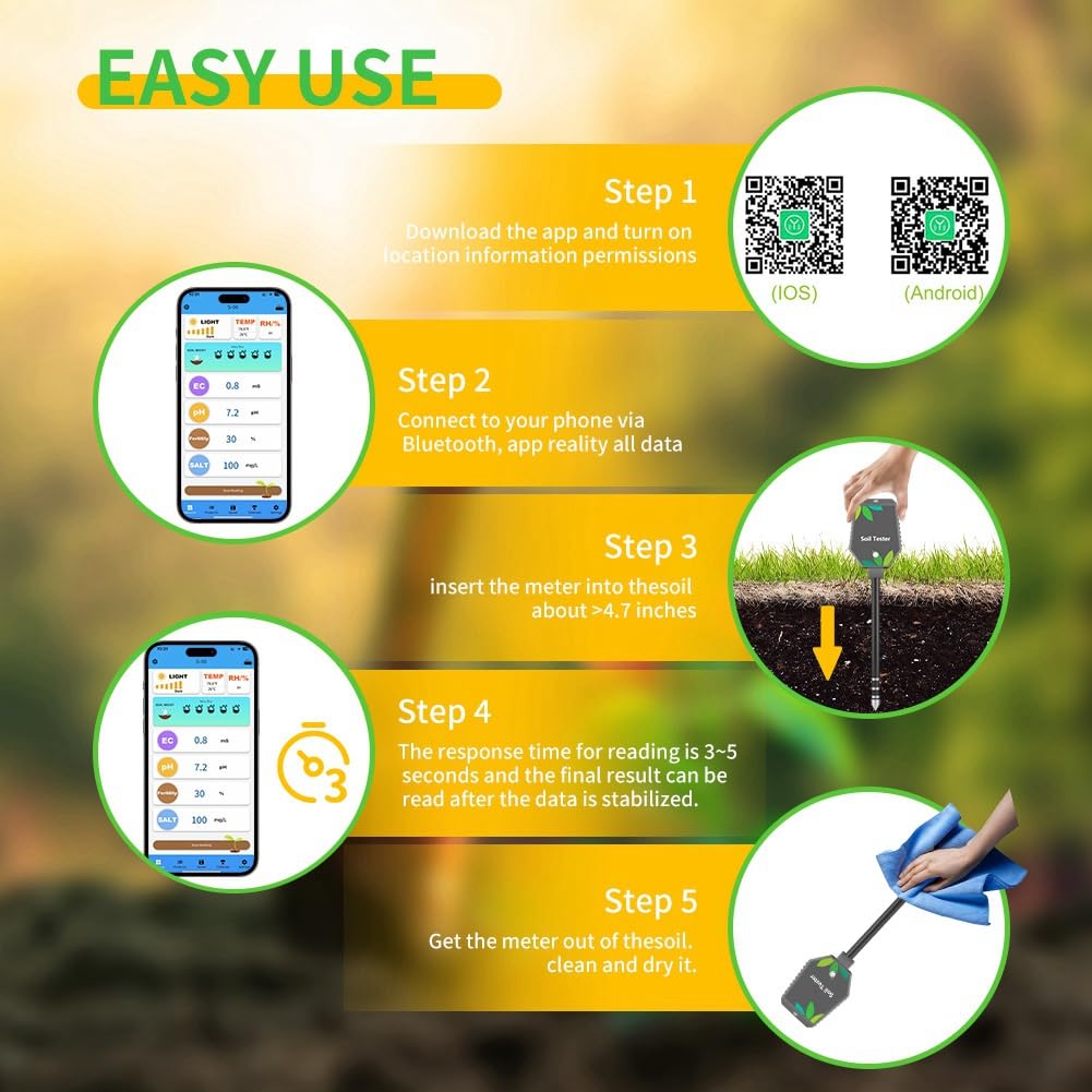 Misuratore di Terreno Multifunzione Digitale Ph/EC/Luce/Umidità/Fertilità/Termometro/Igrometro per Test di Giardinaggio