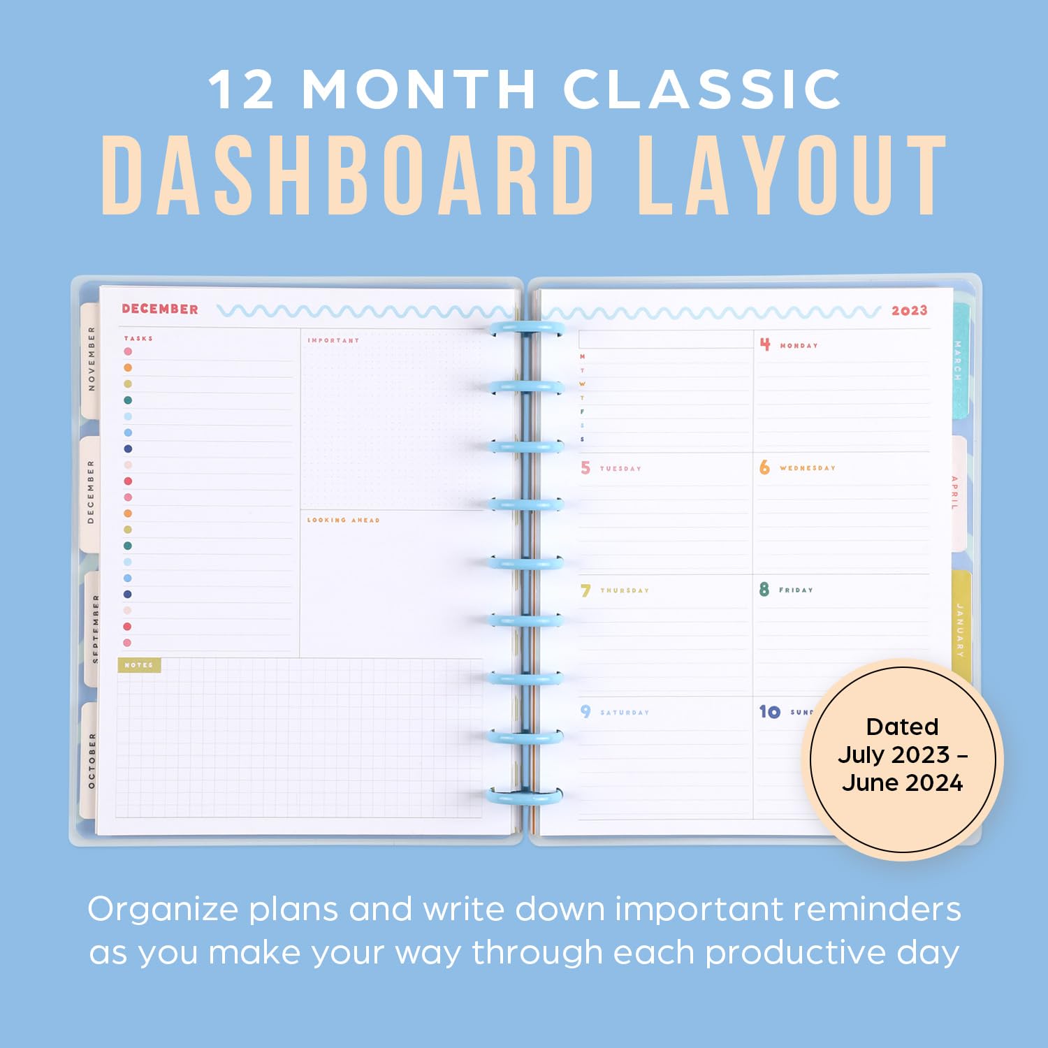 Happy Planner 12 Month Student or Teacher Planner - July 2023 - June 2024 - Daily, Weekly and Monthly Disc Bound Pages - Dashboard Layout - Teacher Notes - Classic Planner 7" x 9.25" - Image 2