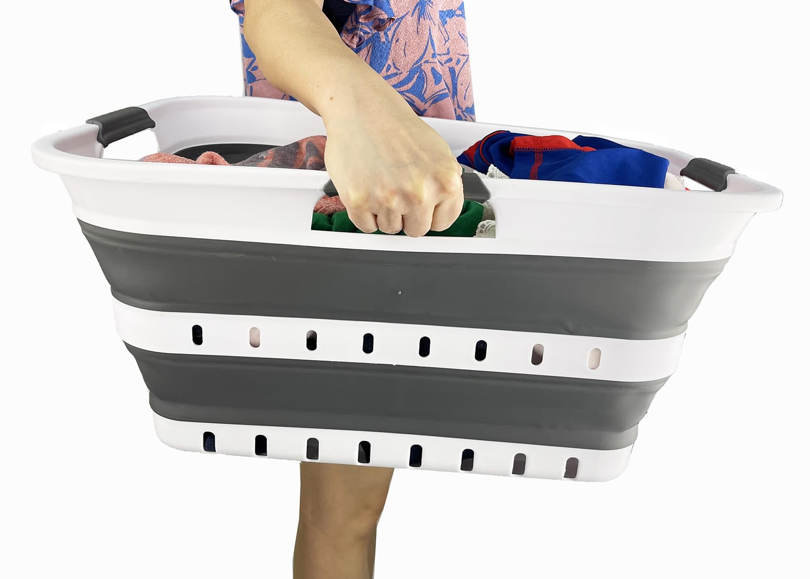 SAMMART 2er-Set 42L faltbarer Aufbewahrungskörbe/-behälter aus Kunststoff – zusammenklappbarer, platzsparender und tragbarer Wäschekorb, ideal für Zuhause, auf Reisen (2, Weiß/Stahlgrau)