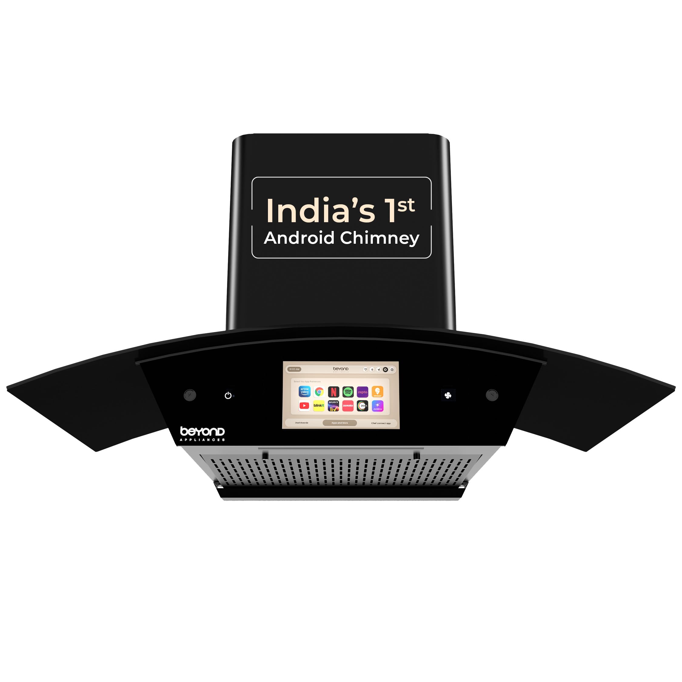 Beyond Appliances Asteria 90cm Auto Clean Kitchen Chimney | 1408 CMH Suction | Filterless | Curved Glass | Smart Screen & Speakers | Touch Control | Black Finish