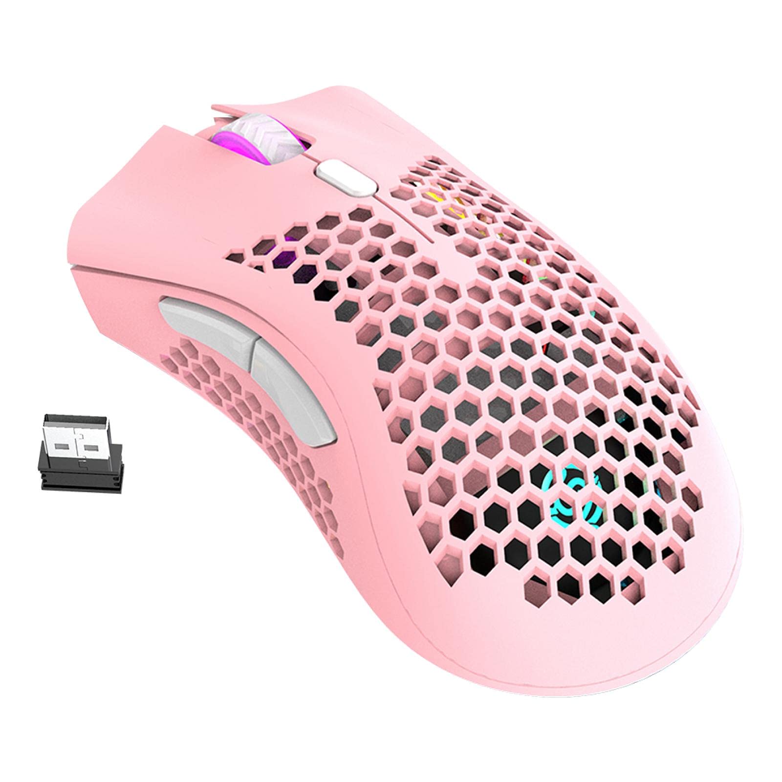 Mouse da gioco wireless da 2,4 GHz 7 pulsanti 1600 DPI regolabile retroilluminazione RGB mouse ricaricabile leggero guscio a nido d'ape mouse gamer rosa