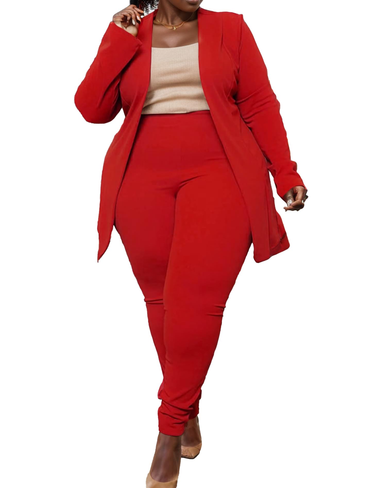 Plus Size Casual Work Pants Suit Set Cropped Jacket Fitted Trousers