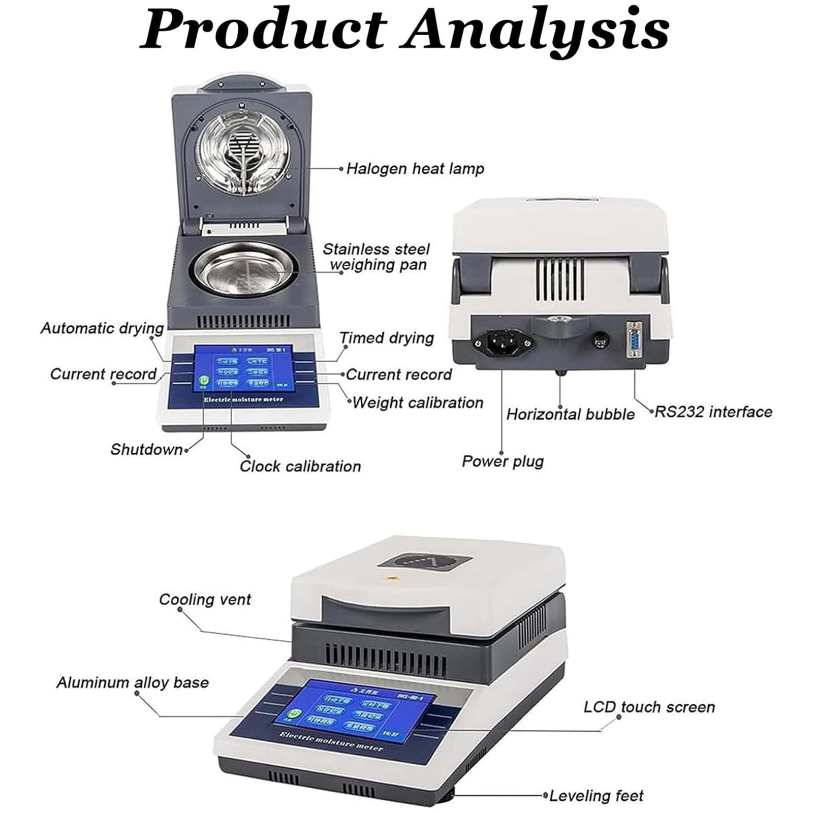 Analizador de humedad, probador de humedad digital con pantalla LCD de 5 pulgadas, 2 modos de secado, calentamiento rápido de 60-160 °C, temporizador de 1 a 99 minutos, medición de laboratorio para