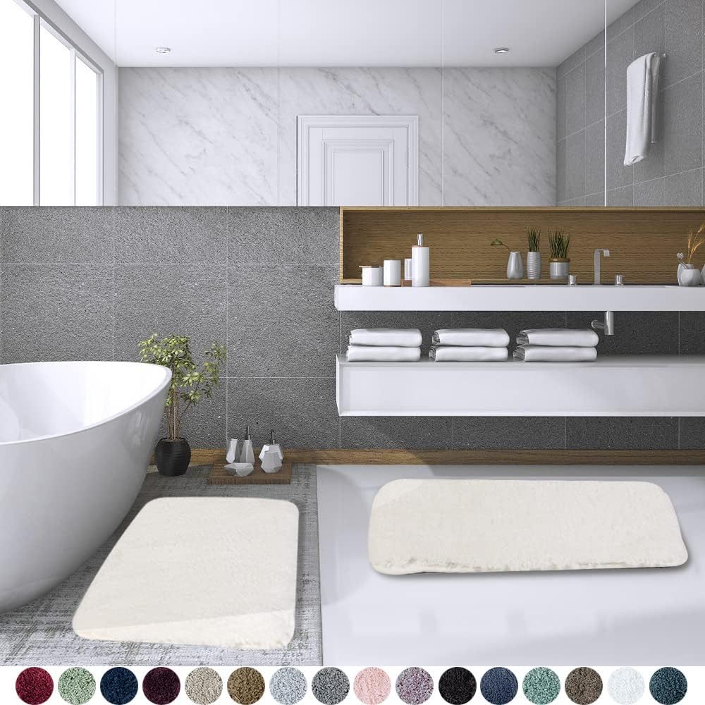Walensee Shaggy 2 Piece Bath Rug Set, (20 x 32, 2 Pack Set, Ivory) Bath Mats Machine Wash/Dry Absorbent Bathroom Mats Set Non Slip Plush Rug Sets for Shower
