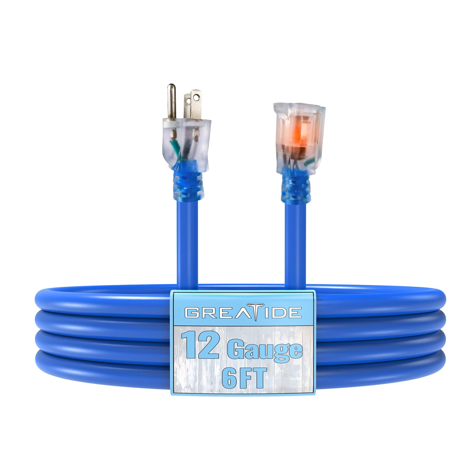 Outdoor Extension Cord with Lighted End, 12 Gauge Heavy Duty 6 FT, 3 Prong Grounded 15 Amp, 12/3 SJTW Waterproof Power Cord for Appliance, Blue