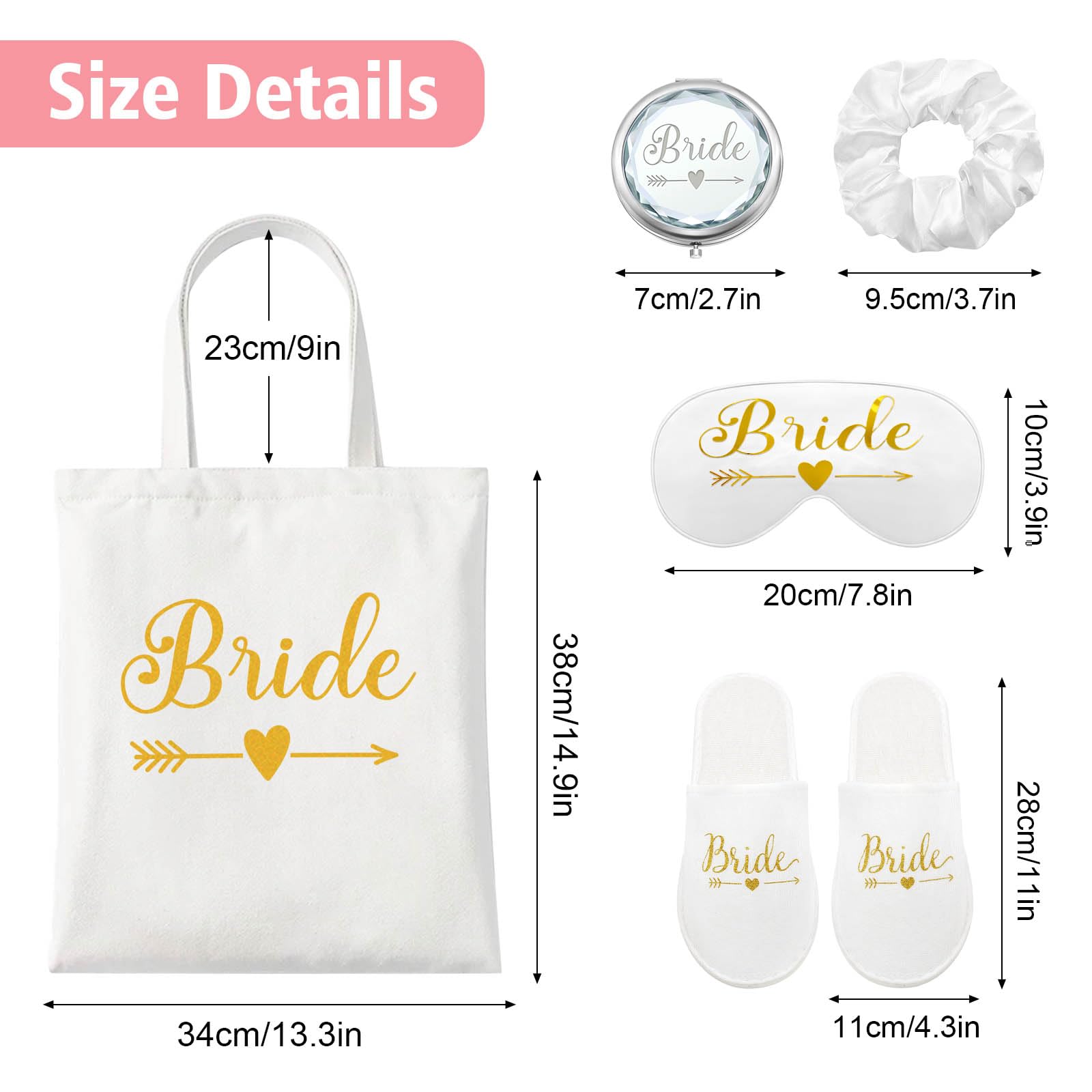 Shining She 6PCS Bride Gifts, White Satin Dressing Gown, Canvas Bag, Hair Scrunchie, Sleep Eye Mask, Slippers - Image 2