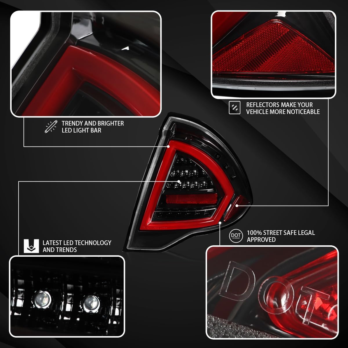 Autozensation Compatible with 2010-2012 Ford Fusion, Left + Right Pair Assembly, Jet Black Housing Red LED Bar Tail Lights