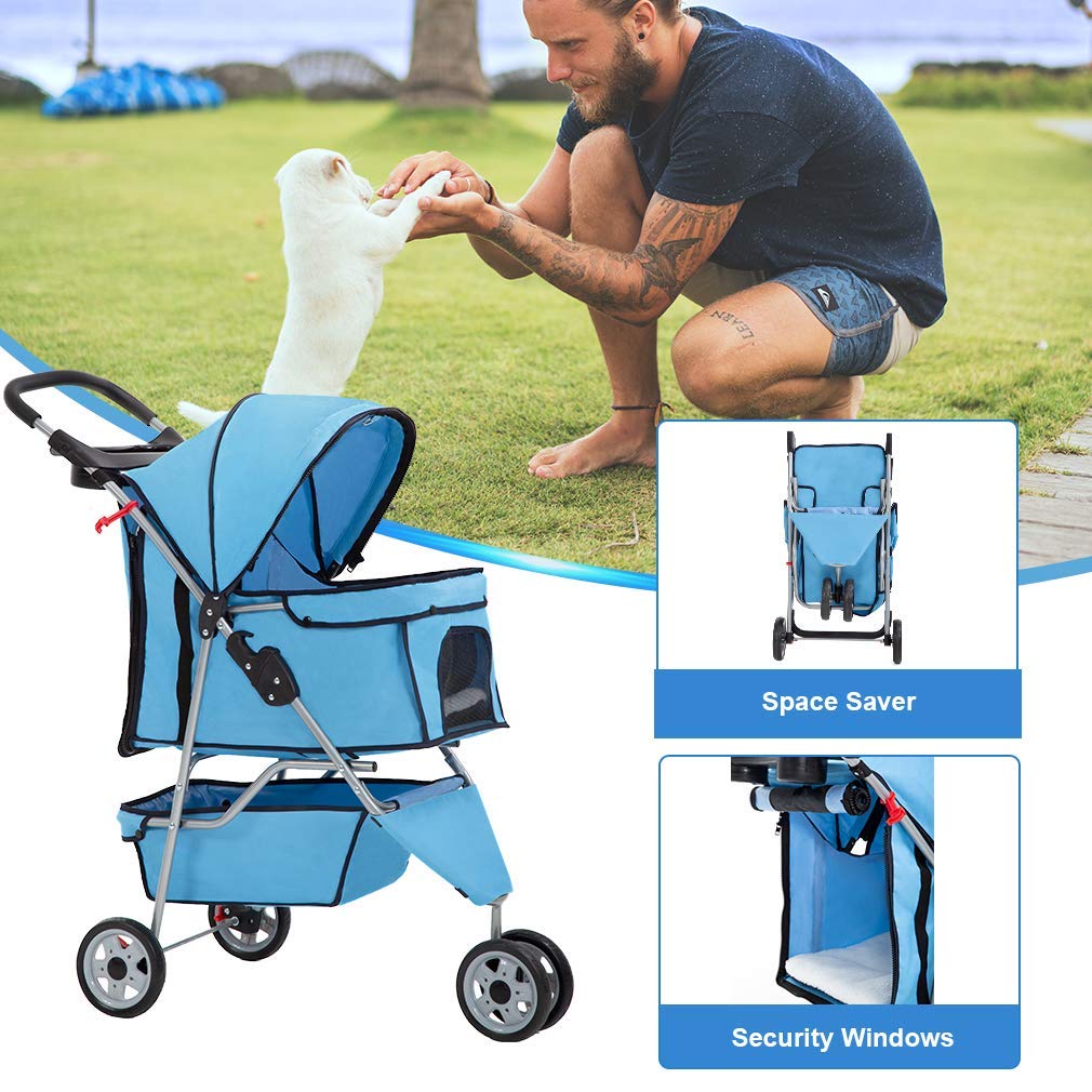 Bigacc 3 Wheels Pet Stroller, Dog/Cat Jogger Stroller for Medium Small Dogs/Cats, Folding Travel Carrier with Cup Holder, Waterproof Design & Removable Liner (Blue)