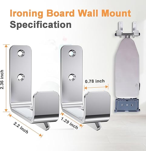 Miniatura 5 de Soporte para tabla de planchar para montaje en pared, acero inoxidable 304, gancho para tabla de planchar con patas en Y T, color plateado