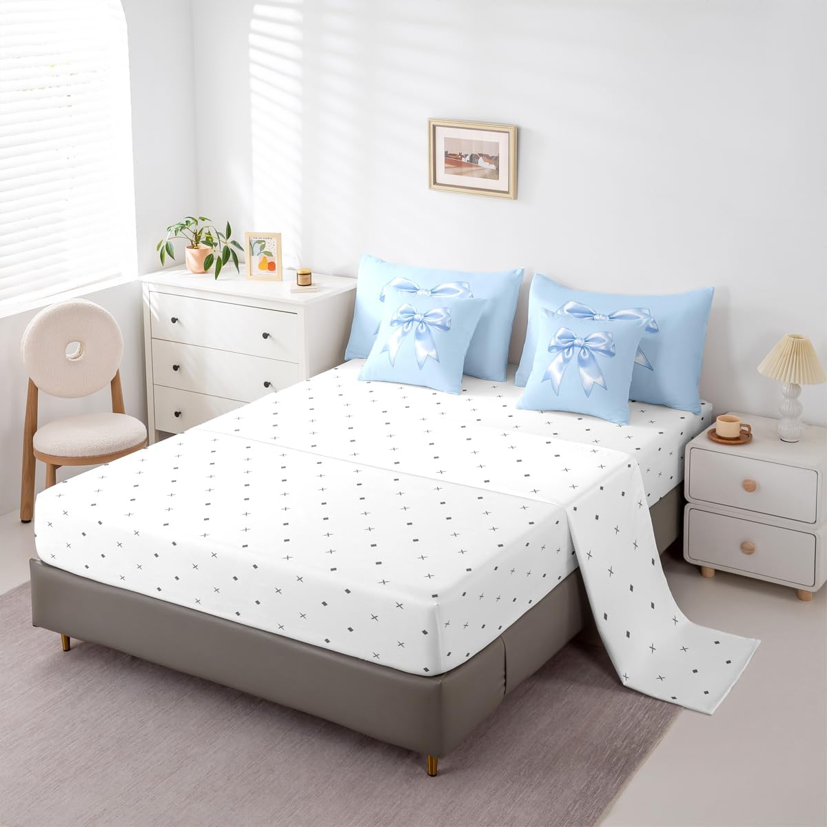 Feelyou Blue Bow Comforter Set Queen Size 7 Pieces Girls Bow Bedding Set Cute Bowknot Bed in a Bag with Comforter, Sheets, Pillowcases, Cushion Covers Kawaii Bedroom Decor Dreamy Princess Style