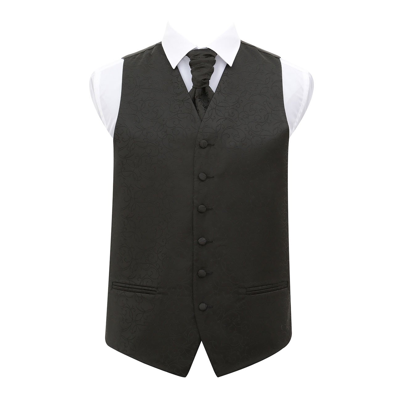 Dqt Men's Black Swirl Floral Jacquard Waistcoat, Cravat, Pocket Square & Cufflinks Set (4Pc) - Wedding, Business & Formal - 50" (5Xl)