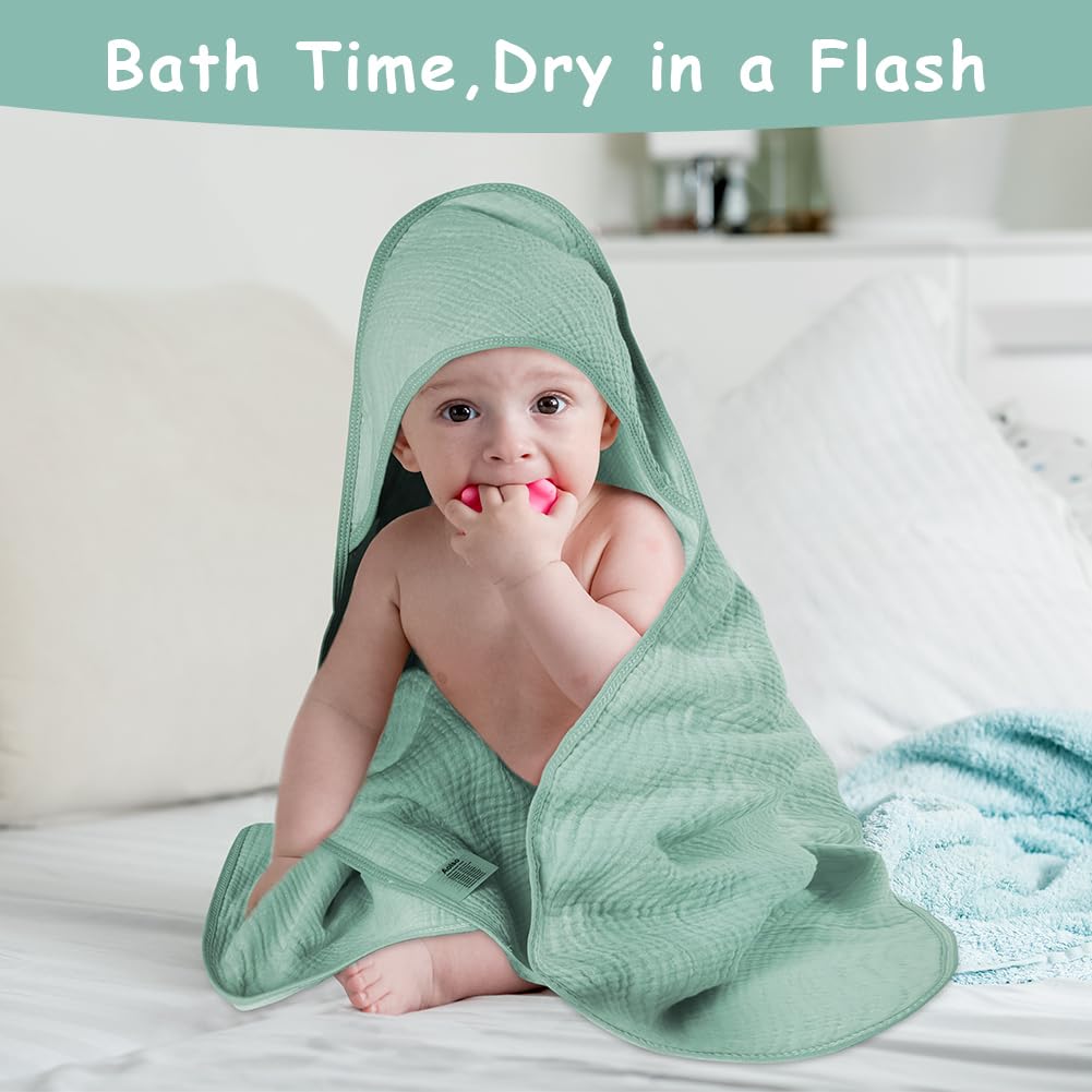 Aolso Accappatoio Neonato, 80x80cm Crêpe Asciugamani Con Cappuccio Per Bambini, Accappatoio Neonato con Cappuccio Extra Morbido e Super Assorbente per Neonati e Bambini 0-3 Anni-Verde