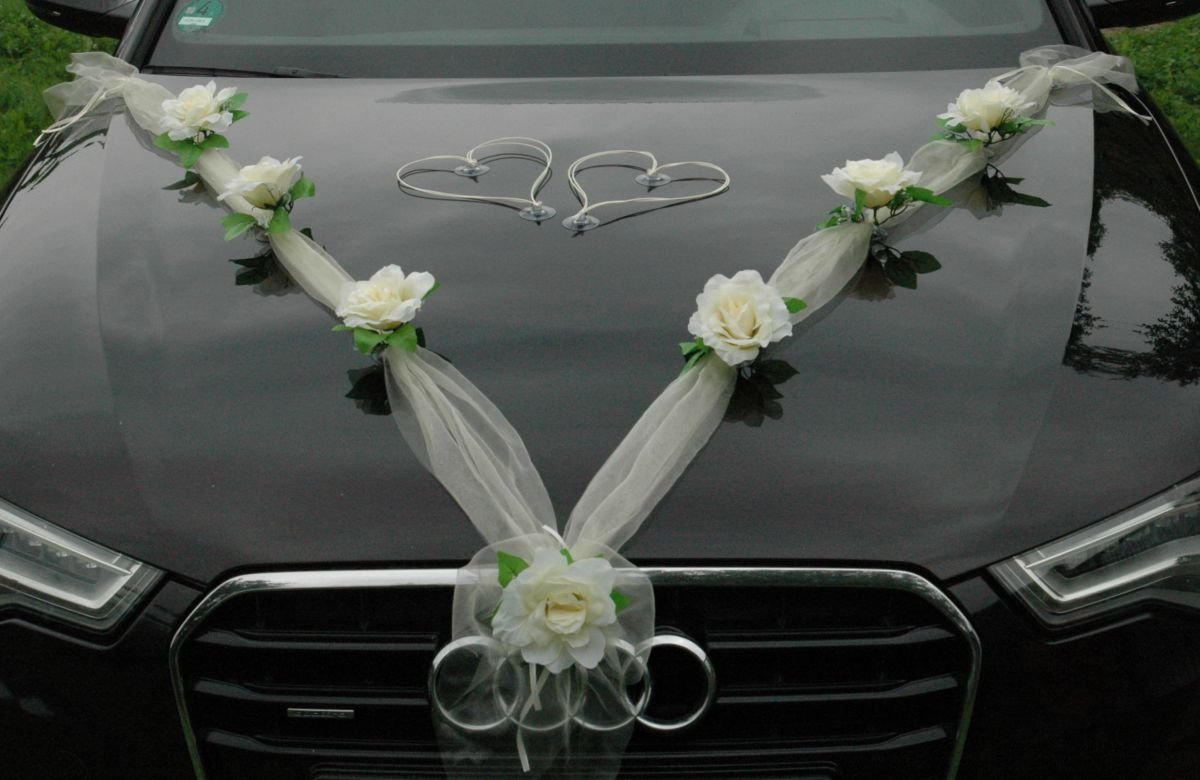ORGANZA M + HERZEN Braut Paar Rose Deko Dekoration Autoschmuck Hochzeit Car Auto Wedding Deko Ratan Girlande ®Auto-schmuck PKW (Ecru/Ecru/Weiß)