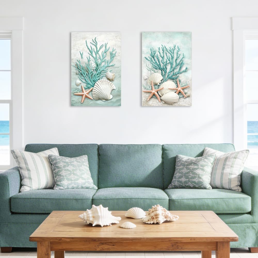 SWQYLB Coastal Wall Art 2 Piece Canvas Teal Coral Wall Decor for Bedroom Bathroom Nautical Picture Starfish Shell Prints Beach Home Decor Framed (11"x14"x2)
