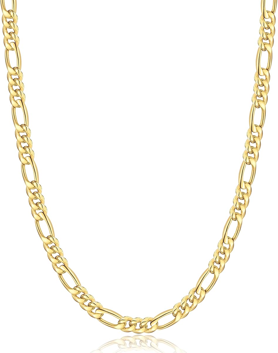 Jewlpire 5.5mm 7mm Figaro Chain 14K Gold Plated Chain Necklace for Men, Stainless Steel Durable Sturdy Mens Chains Necklace, 16 18 20 22 24 26 Inch