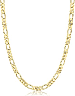 Jewlpire 5.5mm 7mm Figaro Chain 14K Gold Plated Chain Necklace for Men, Stainless Steel Sturdy Mens Chains Necklace, 16 18 20 22 24 26 Inch