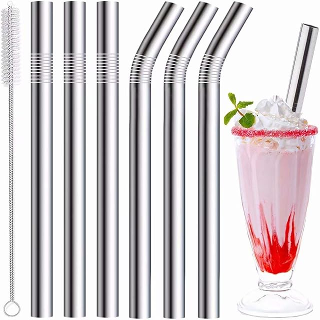 Vinaco Milkshake Straws & Smoothie Straws, 6 Pack 216mm & 266mm Long Straws x 10mm Diam Wide Straws, Reusable Stainless Steel Straws with 1 Straw Cleaner for Homemade Thick Drinks