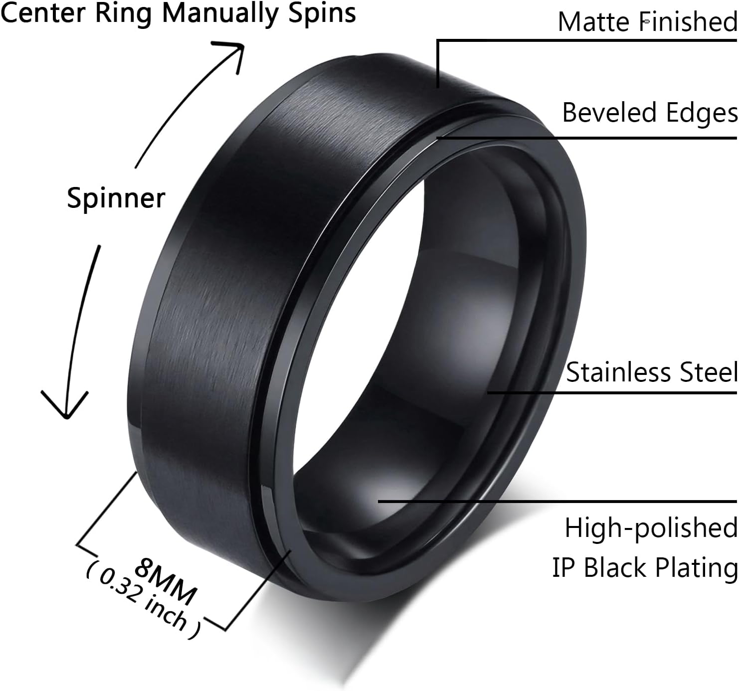 Men's Spinner Fidget Anxiety Ring 8MM Stainless Steel Rotation Wedding Rings for Men Women Stress Free Silver/Black/Gold/Blue Beveled Edges Engagement Bands Comfort Fit Jewelry Gifts Size 6-13 - Image 2