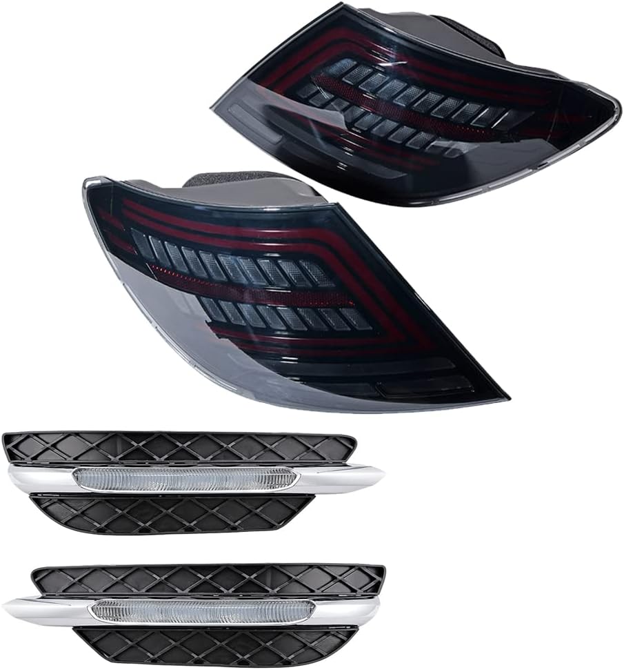 Astra Depot Completed Set Front&Rear Smoke Lens Taillight & Daytime Running Light Compatible For 2012-2014 Mercedes W204 Tail Light Sequential Flashing Turn Signal Lamp with DRL Fog Light Assembly