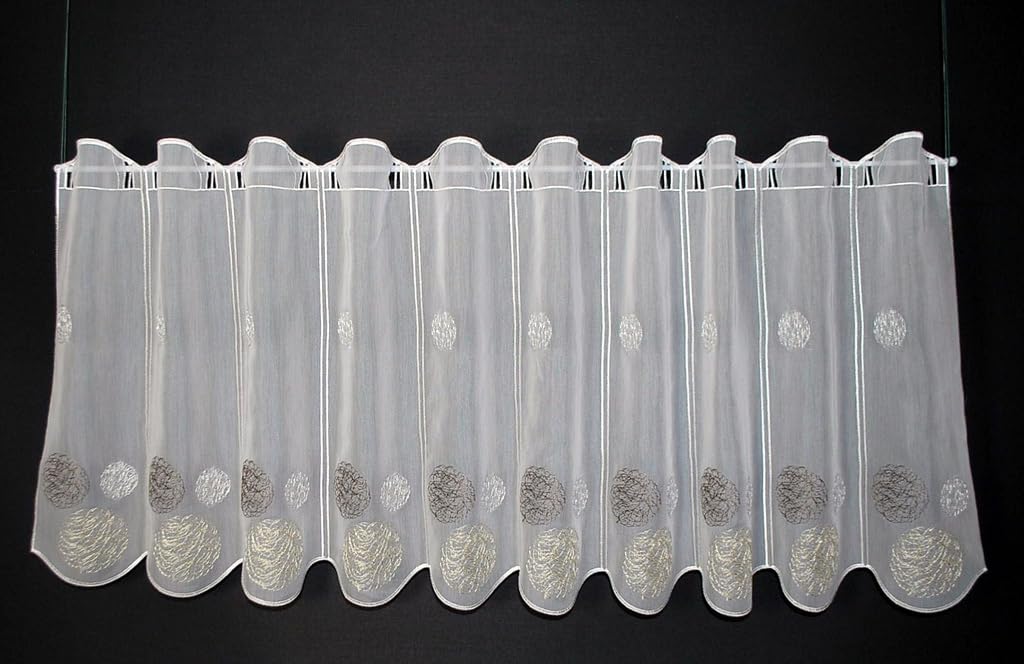 Scheibengardine bestickte Kugeln 50x232,5 cm H/B weiß mit Creme/braun Bistrogardine Vorhang Küche 1er Pack