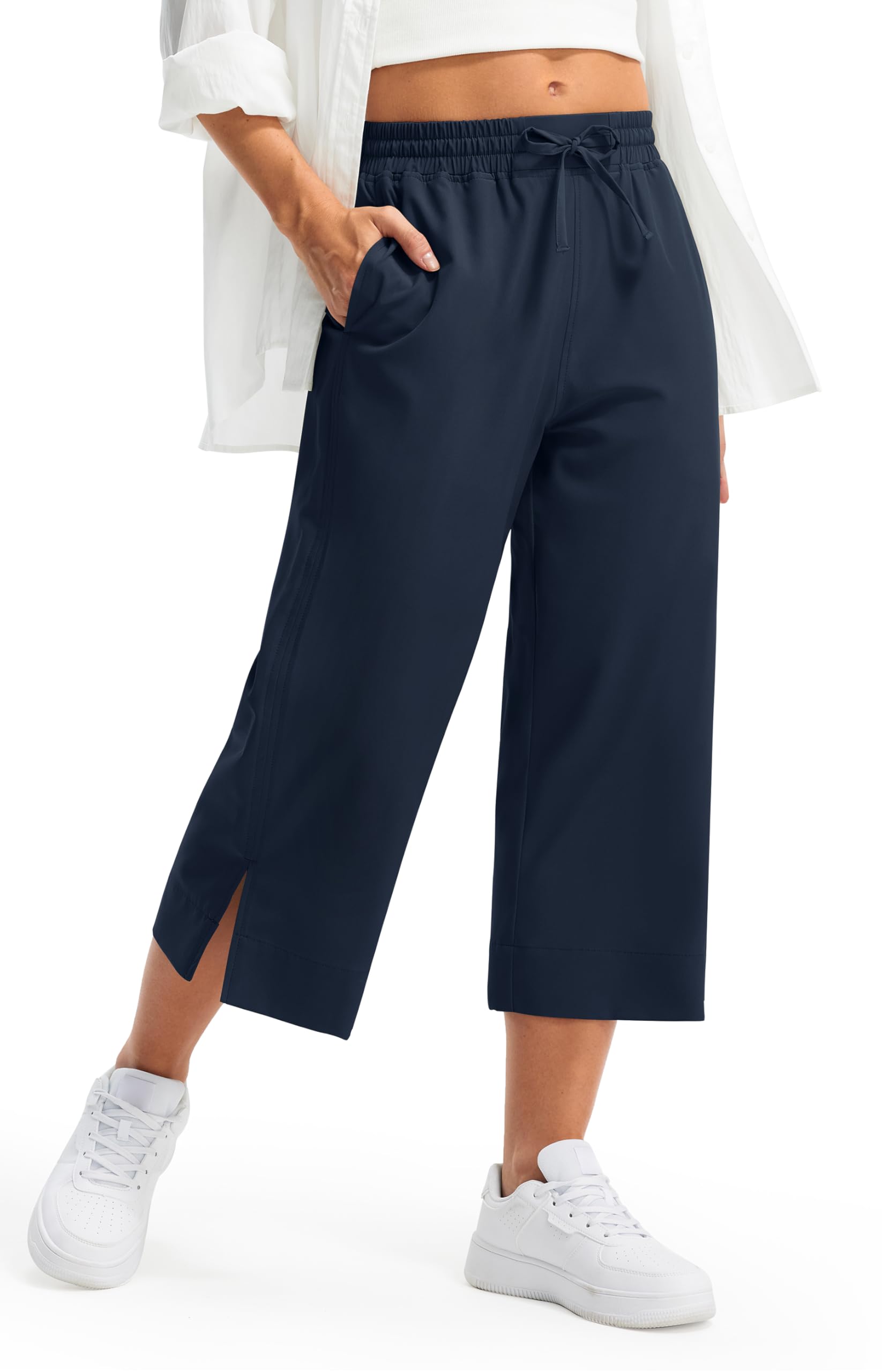 Libin Lightweight Wide Leg Capri Pants for Women High Waisted Quick Dry Casual Travel Pants Loose with Pockets Walking