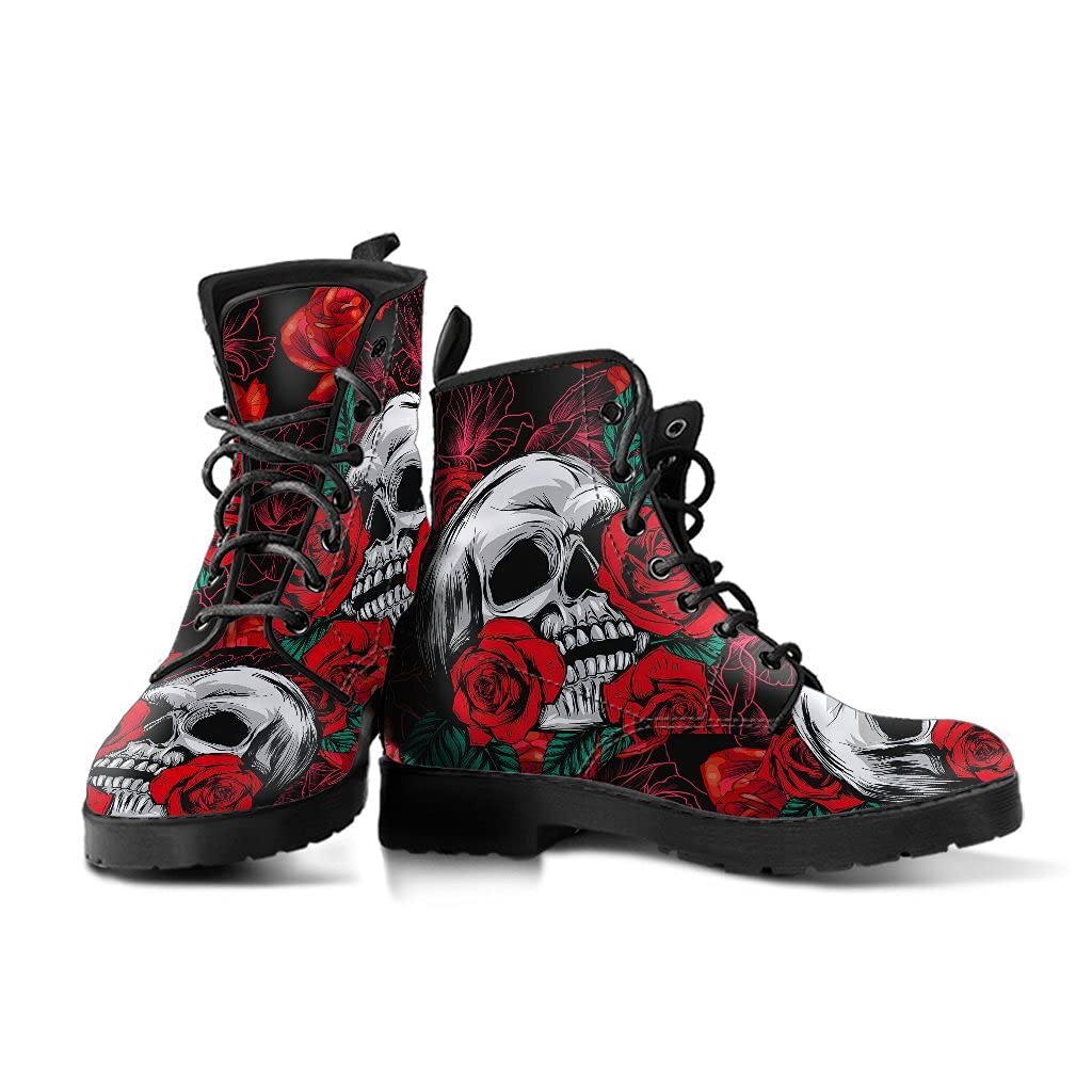Skull Rose Design Womens Leather Shoes Skull Boots Women Handmade