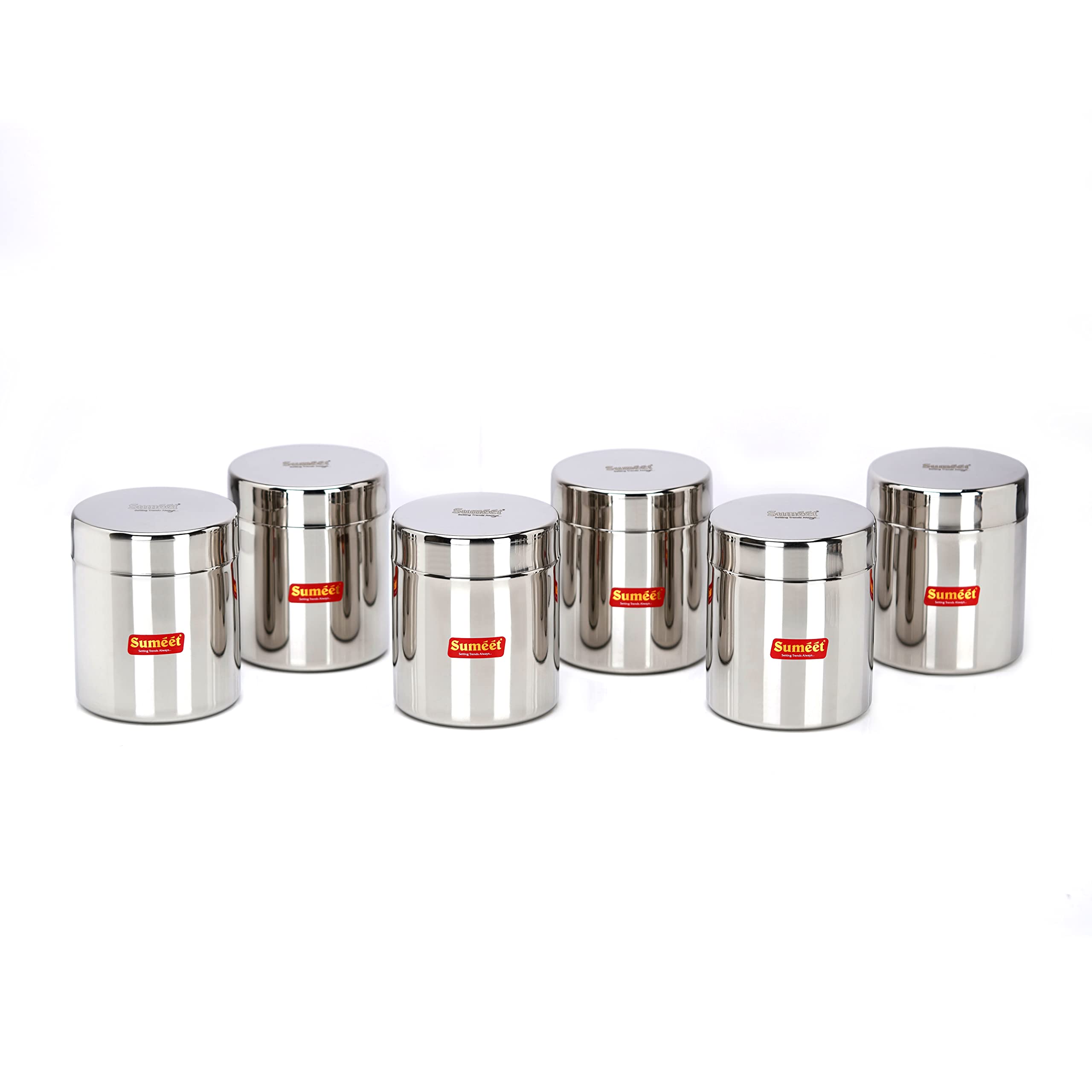 Sumeet Kleine Edelstahldosen/Gläser/Ubha Dabba/Vorratsdosen-Set mit 6 Stück, je 350 ml Fassungsvermögen, 7,5 cm Durchmesser, Silber