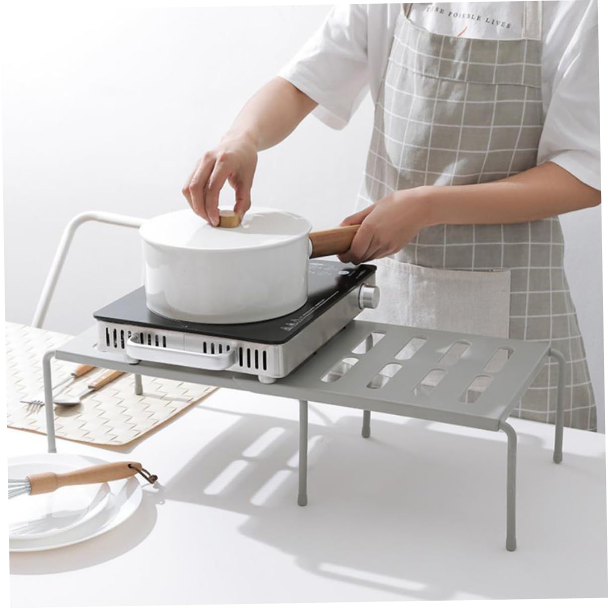 Vaguelly 2pezzi Scaffale Portaoggetti Da Cucina in Plastica Ripiano Strati Per Pentole Scaffale Bianco e Grigio Per Cucina Ufficio e Ristorante