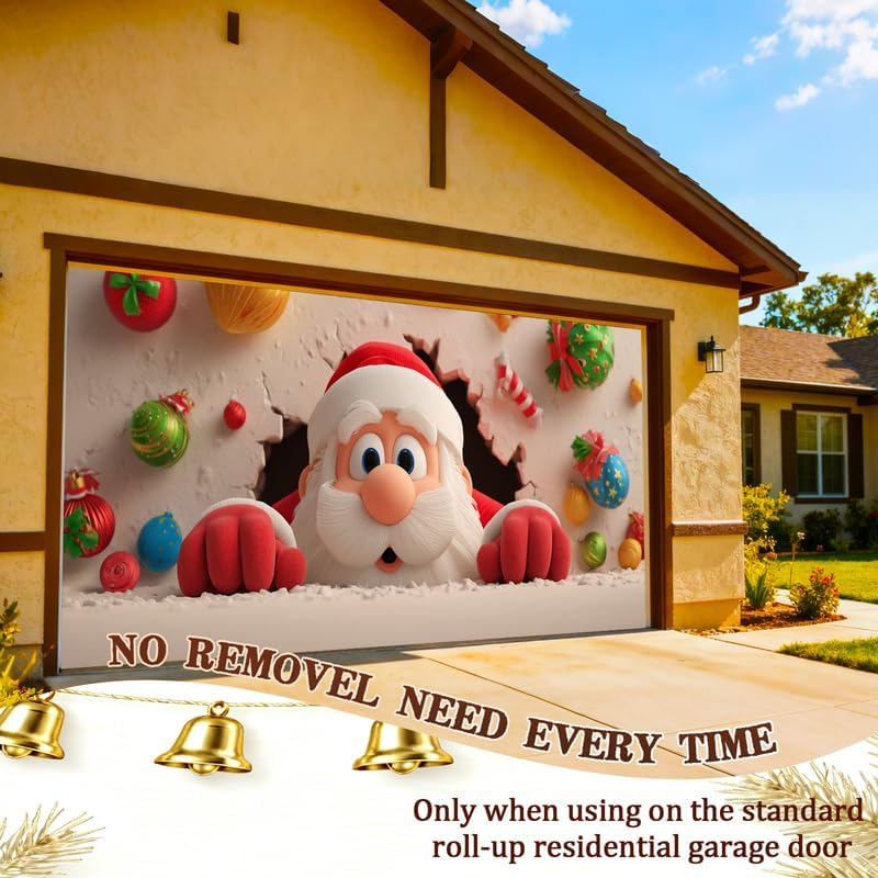 Christmas Garage Door Cover Large Outdoor – Cartoon Santa Claus 7x16ft Holiday Decorations Banner,Garage Buddy Decoration for Garage,Porch,Yard and Home