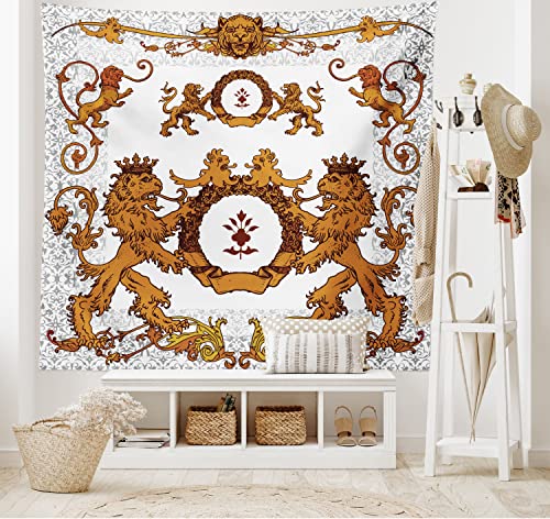 Ambesonne Medieval Tapestry, Heraldic Lions Antique Armor Victorian Vintage Old Sign Art Design, Wall Hanging For Bedroom Living Room Dorm Decor, 40" X 60", White And Ginger #TOP6