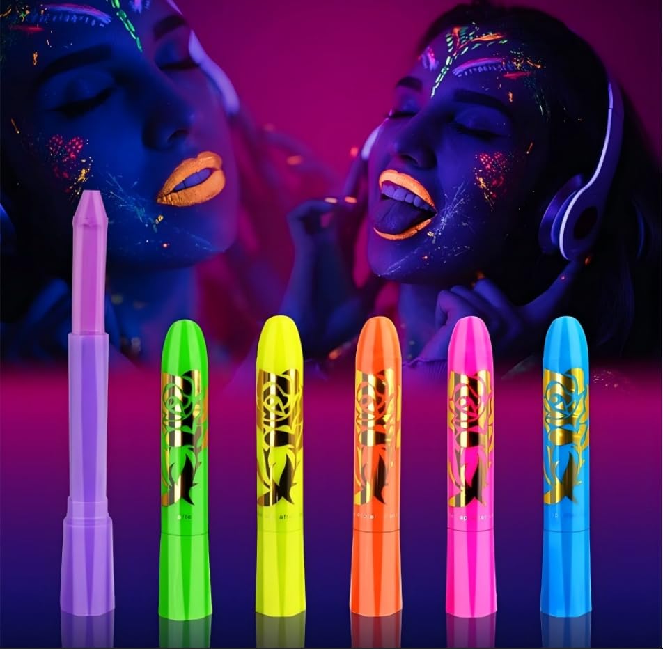 6 Pcs Glow in The Light Body Face Paint, Face Painting Kit, UV Crayon Kit Fluorescent Body Paints for Adults for Birthday Party Halloween Masquerade Makeup Outdoor