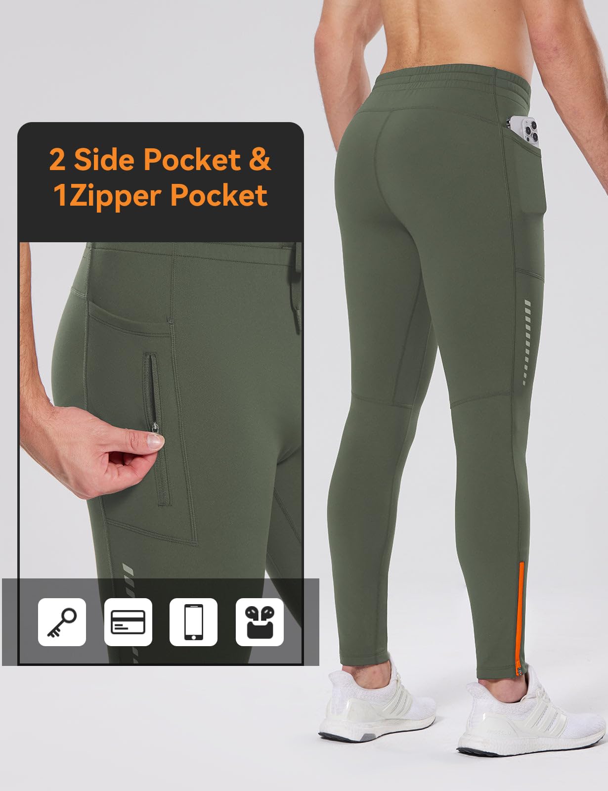 baleaf Legging Thermique pour Homme avec Poches zippées - Doublure Polaire - pour Cyclisme, Gym, randonnée, Ski Vert armée Profonde 3XL